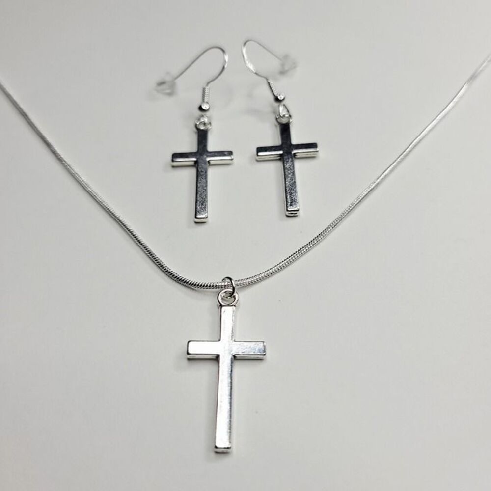 BOGO Buy Bright Silver Color Christian Cross Necklace Get Free Matching Earrings